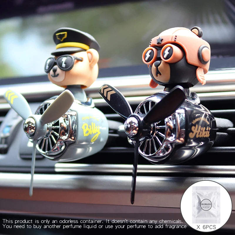 Bear Pilot Car Air Freshener – Rotating Fan Aroma Diffuser with Funny Bear