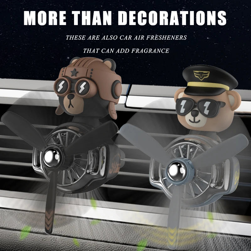 Bear Pilot Car Air Freshener – Rotating Fan Aroma Diffuser with Funny Bear