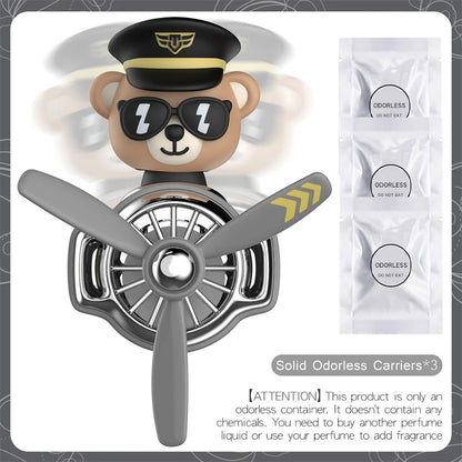 Bear Pilot Car Air Freshener – Rotating Fan Aroma Diffuser with Funny Bear