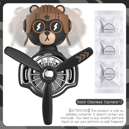 Bear Pilot Car Air Freshener – Rotating Fan Aroma Diffuser with Funny Bear